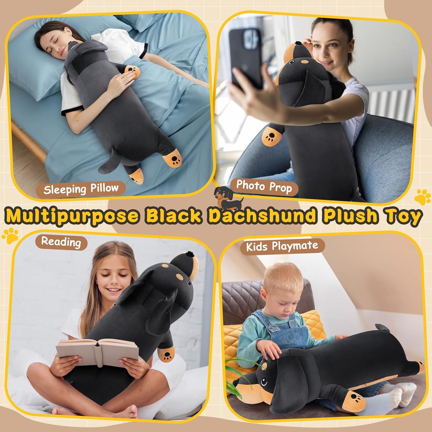 30'' Giant Black Dachshund Dog Plush Stuffed Animal- Black Weiner Dog Plush Pillow Plushies, Large Dachshund Plush Toy, Cute Hugging Weiner Dog Stuffed Animal, Birthday Gifts for Kids Girls Boys