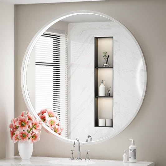 36" Round LED Bathroom Mirror, Dimmable Anti-Fog Vanity Mirror with Touch Control, 6000K Natural Light, Silver Metal Frame, Wall Mounted for Makeup Shaving (IP54, 90+ CRI)
