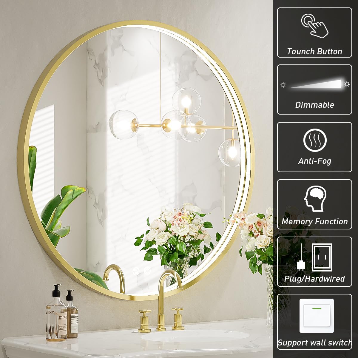 24" Round LED Bathroom Mirror, Dimmable Anti-Fog Vanity Mirror with Touch Control, 6000K Natural Light, Gold Metal Frame, Wall Mounted for Makeup Shaving (IP54, 90+ CRI)