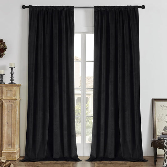 Joydeco Black 100% Blackout Curtains 102 Inch 2 Panels, Luxury Thermal Insulated Black Velvet Curtains for Bedroom Living Room, Soundproof Blackout Window Drapes, Rod Pocket & Back Tab (62W x 102L)