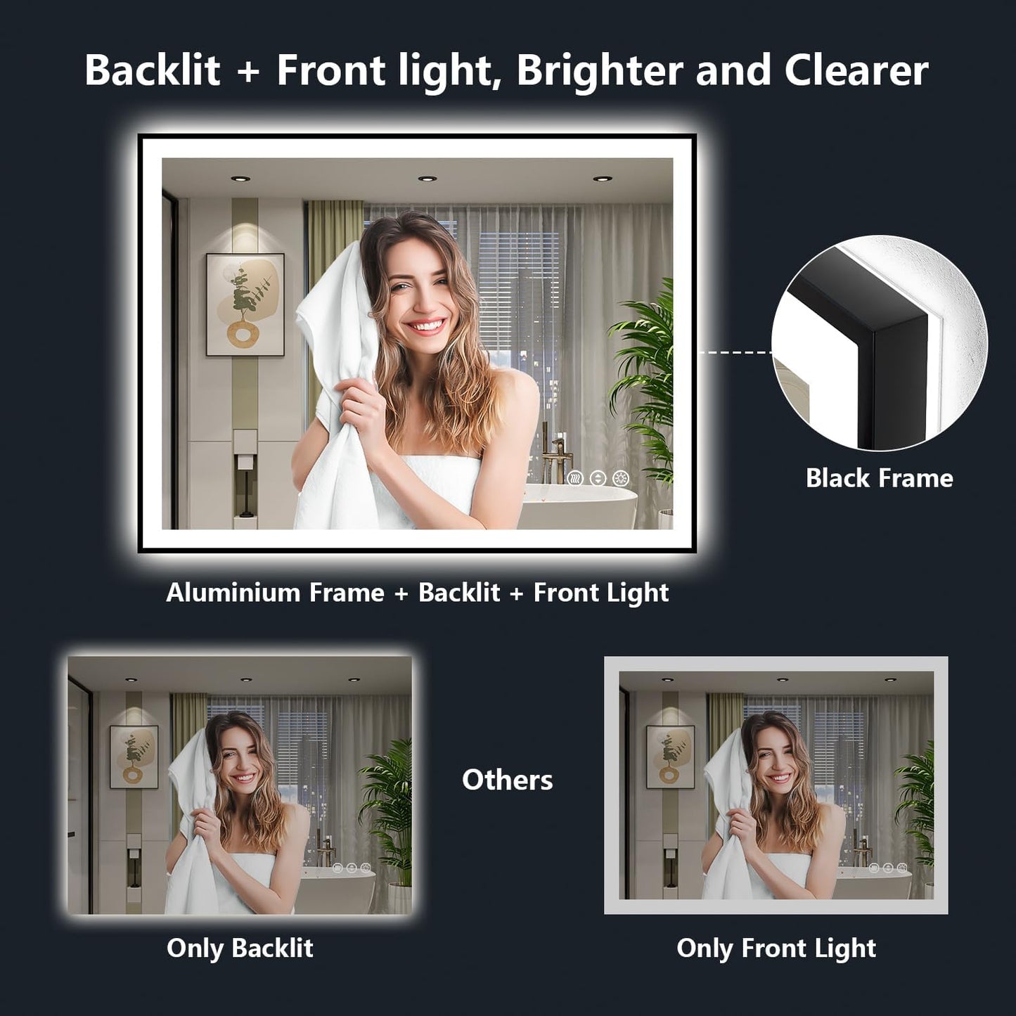 48x36 Inch LED Bathroom Mirror with Lights (Front Lit and Backlit) Black Framed Lighted Vanity Mirror for Bathroom Wall Dimmable Anti-Fog Memory Tempered Glass Horizontal/Vertical