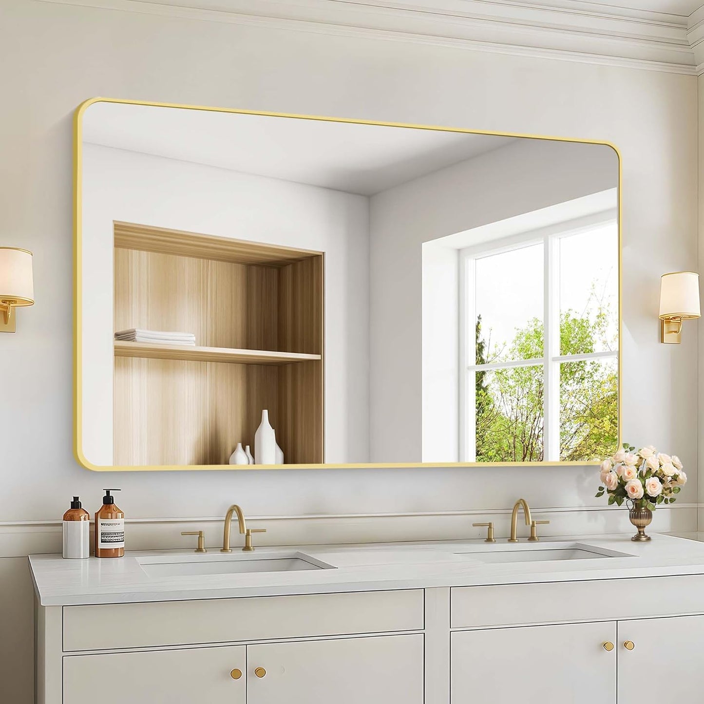55"x36" Gold Bathroom Mirror, Large Rectangle Mirror, Rectangular Wall Mirror, Rounded Corner Vanity Mirror with Aluminum Metal Frame for Bathroom Bedroom Living Room Horizontal/Vertical