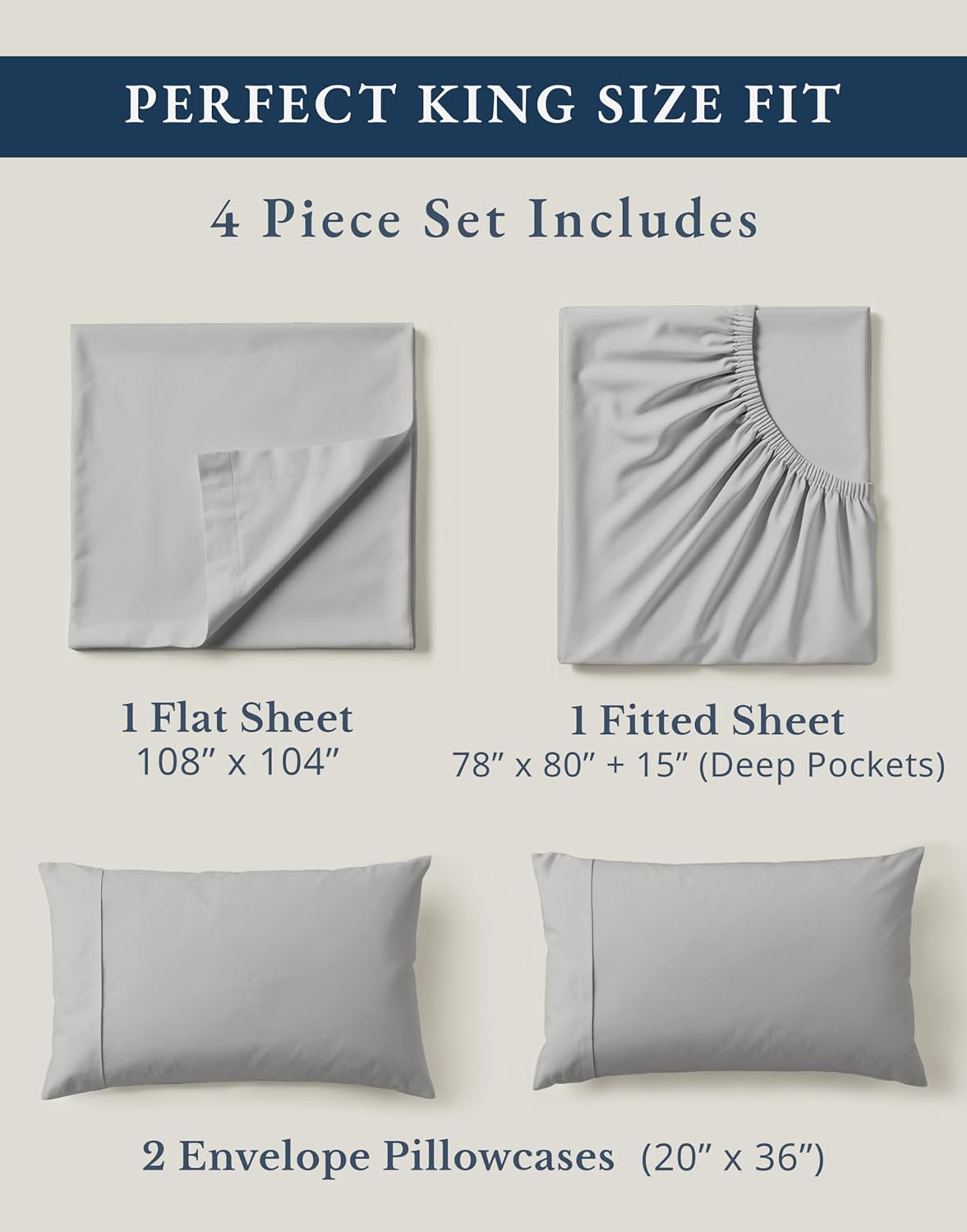 LANE LINEN 100% Organic Cotton King Sheet Set, 4Pc Cotton Sheets King Size, Soft & Comfy Percale Eco Friendly Sustainably Produced Bedding Sheets & Pillowcases, 15" Deep Pocket King Sheet Set - Silver