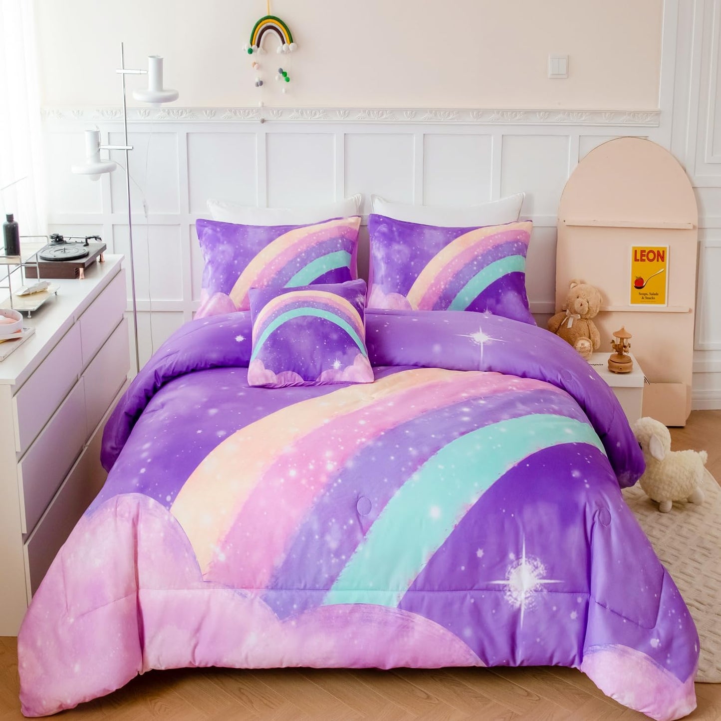 ANGIYUIN Deep Purple Girls Full Size Comforter Set Gradient Glitter Kids Bedding Sets 6 Pieces Soft Lightweight Galaxy Bed in A Bag with Sheets for Teens