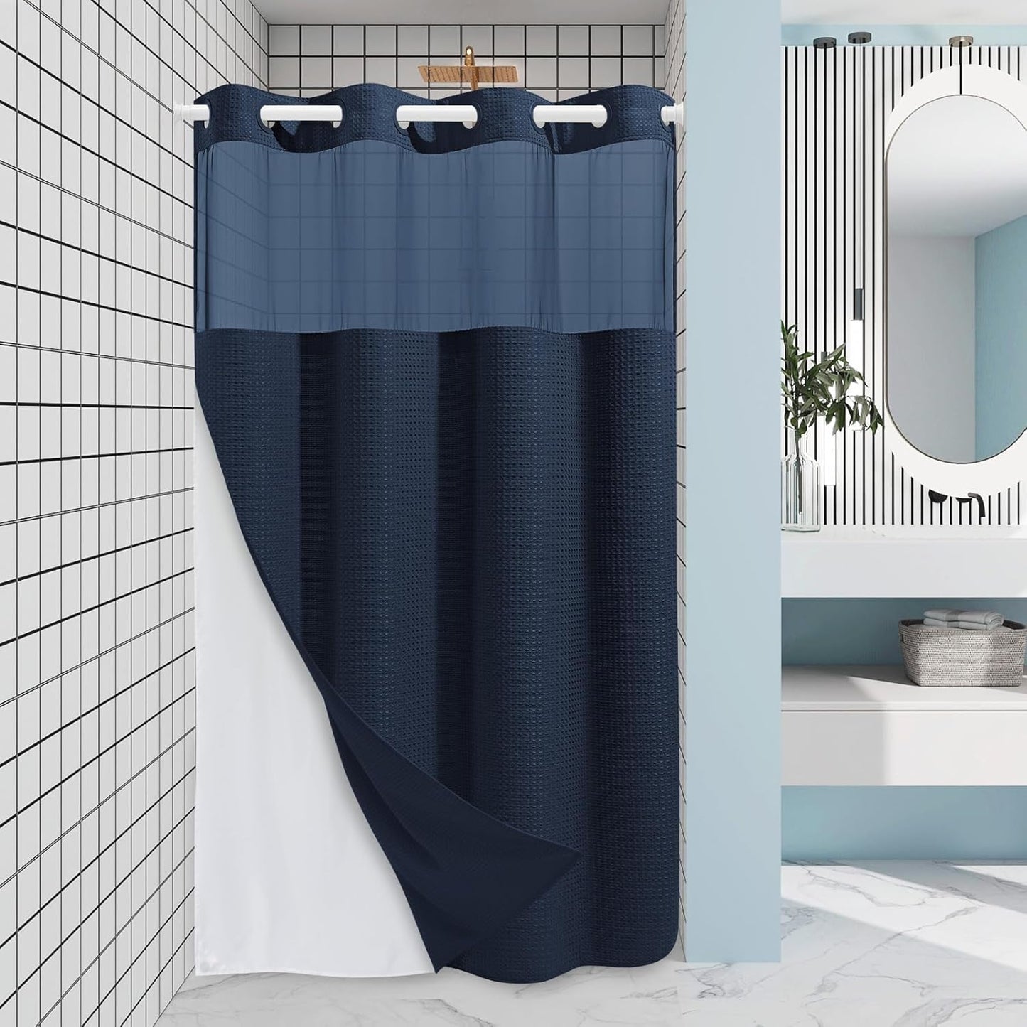Navy Blue Stall No Hook Shower Curtain with Snap in Liner,230GSM Waffle Weave Shower Curtains for Bathroom,54W x 80H