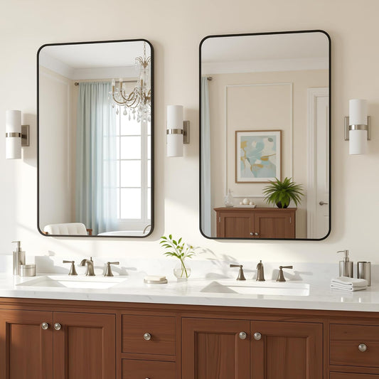 Antok 2-Pack Bathroom Mirrors, 24"x36" Double Wall Mirrors, Decorative Mirror Vanity Mirror Aluminum Alloy Frame Contemporary Hanging for Living Room Bathroom Entryway, Black