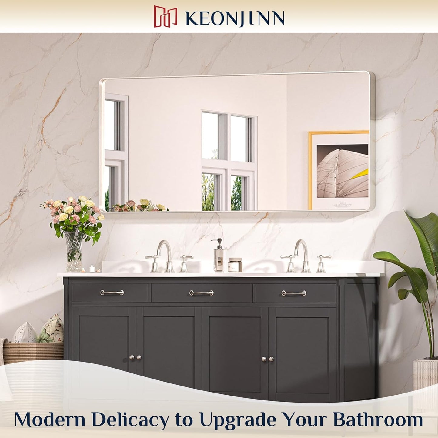 Keonjinn 60 x 28 Inch Brushed Nickel Bathroom Mirrors for Over Sink, Rounded Rectangle Silver Bathroom Vanity Mirror, Farmhouse Mirror for Wall, HD Tempered Glass, Anti-Rust Aluminum Alloy Mirror