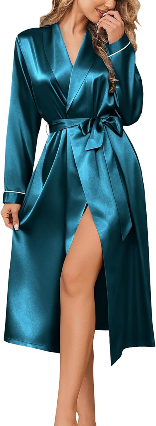 Ekouaer Silk Robes for Women Shawl Collar Satin Bathrobe Long Bride Wedding Party Robe Lightweight Sexy Sleepwear S-XXL