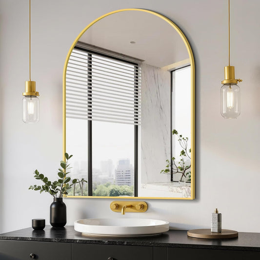 Delma Arched Bathroom Mirror, 28"x40" Wall Mounted Vanity Mirror for Bedroom, Living Room and Entryway, Gold