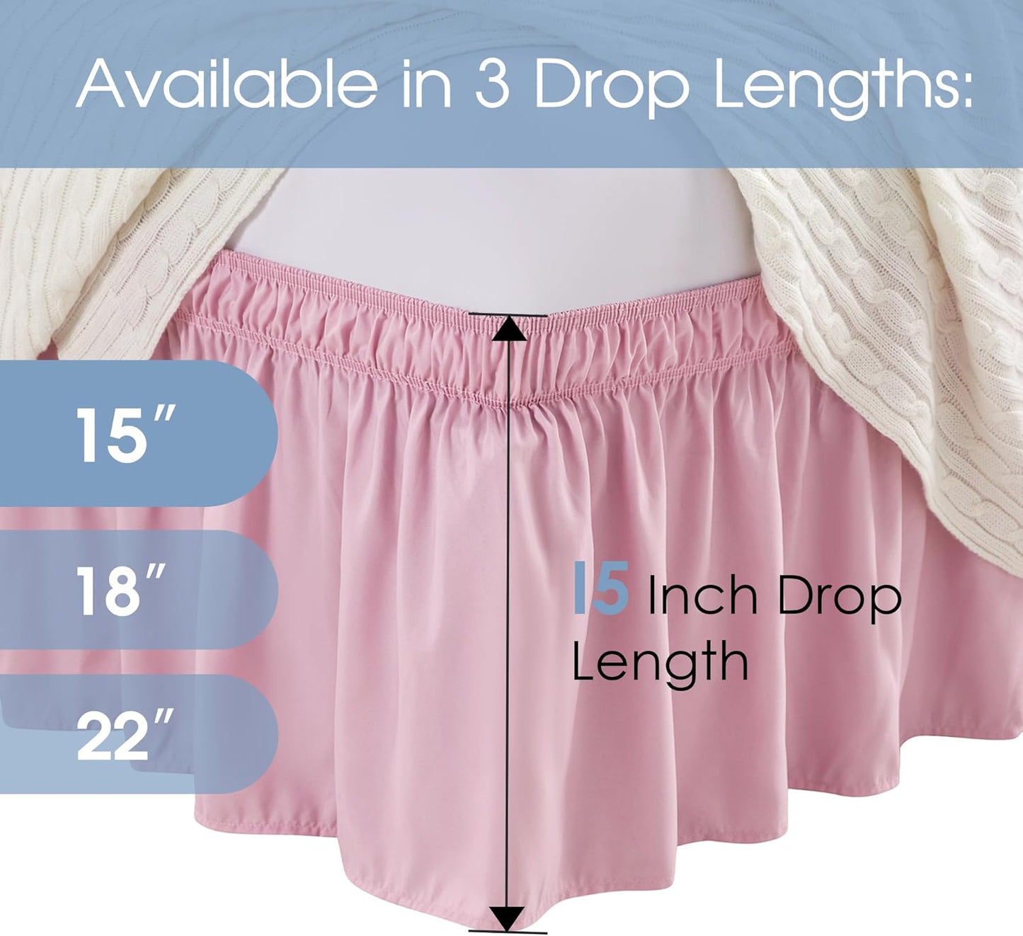 FreshCulture Elastic Wrap Around Bed Skirt - Queen Size, Easy Fit with 15-Inch Tailored Drop, Hotel Quality Dust Ruffle in Dusty Pink
