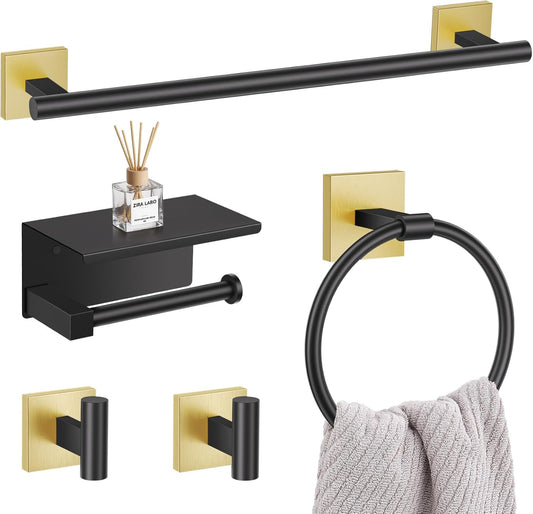 5-Piece Black Gold Bathroom Hardware Set, SUS304 Stainless Steel Bathroom Accessories Set 23.6 inches Towel Bar, Toilet Paper Holder with Shelf, Towel Ring and Two Towel Hooks Wall-Mounted