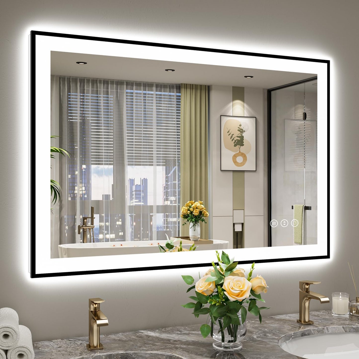 44x30 Inch LED Bathroom Mirror with Lights (Front Lit and Backlit) Black Framed Lighted Vanity Mirror for Bathroom Wall Dimmable Anti-Fog Memory Tempered Glass Horizontal/Vertical