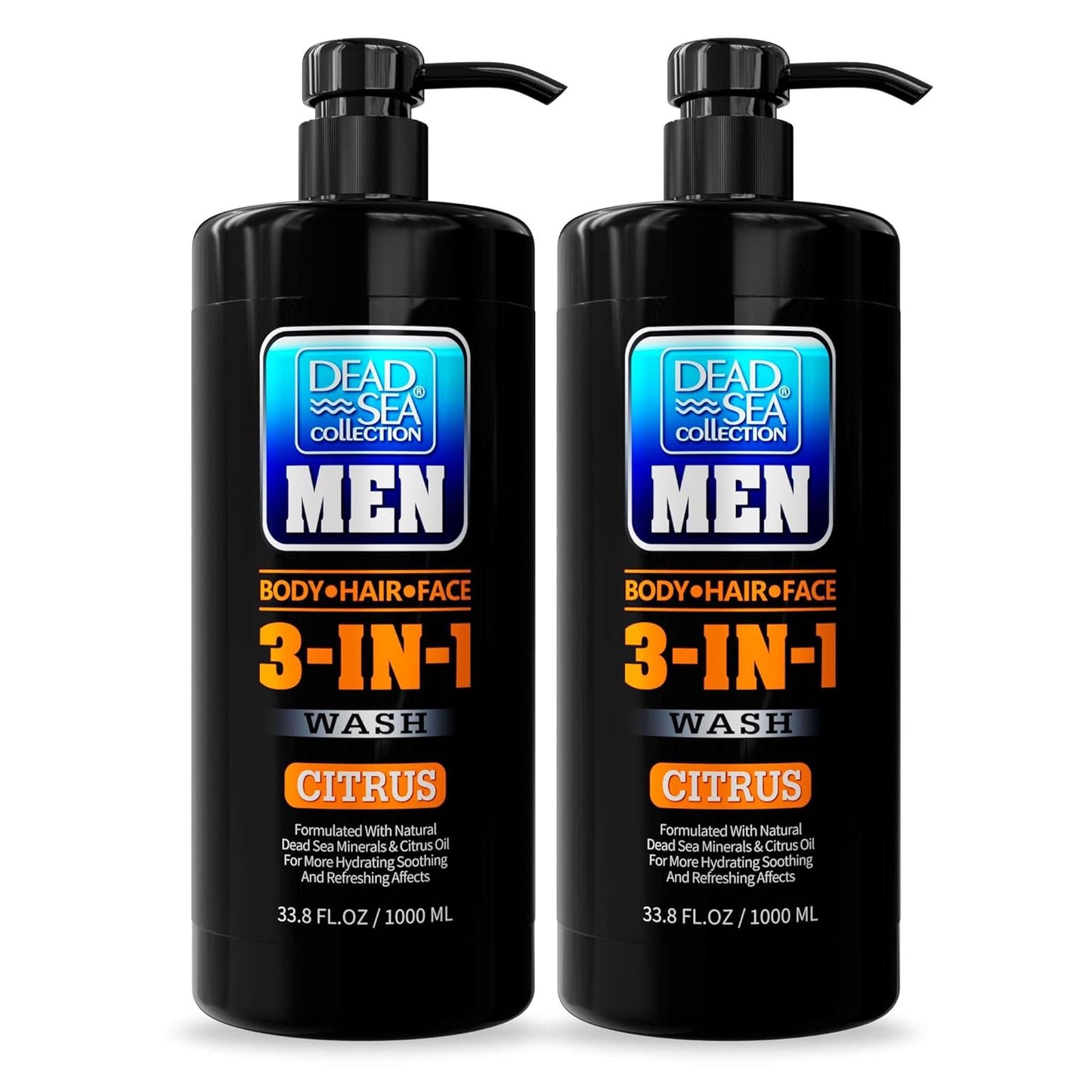 Dead Sea Collection Mens Body Wash 3 in 1 – Citrus Body Wash for Men – Shower Gel – Shampoo – Shower Soap for Face and Hair – Pack of 2 Bottles (33.8 Fl. Oz. Each)