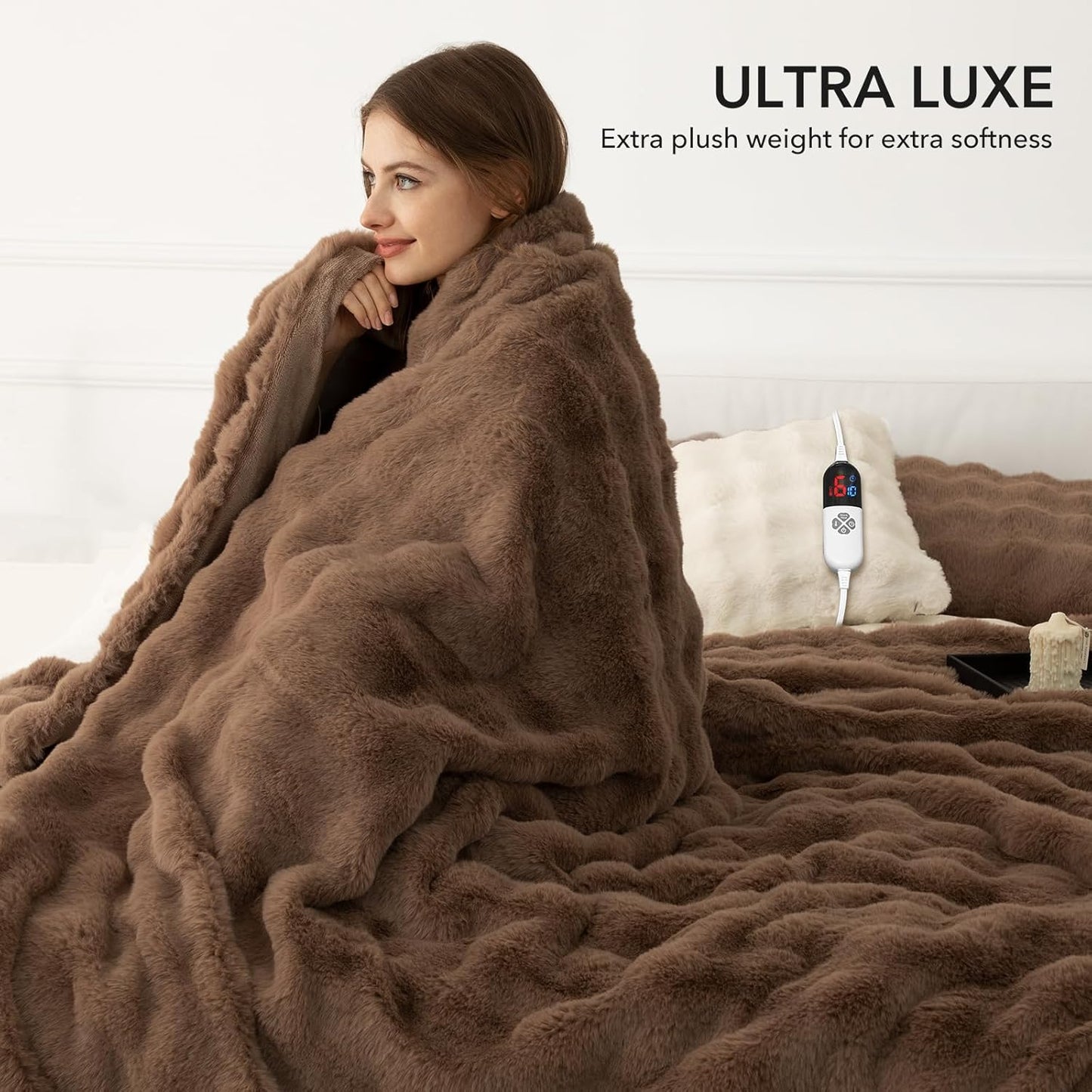 Faux Rabbit Fur Bubble Heated Throw Blanket Camel - Luxury Fluffy Soft Warm Electric Throw with 6 Heating Levels & 4 Timer Settings, Decor Gifts for Home Bedroom Living Room (50" x 60")