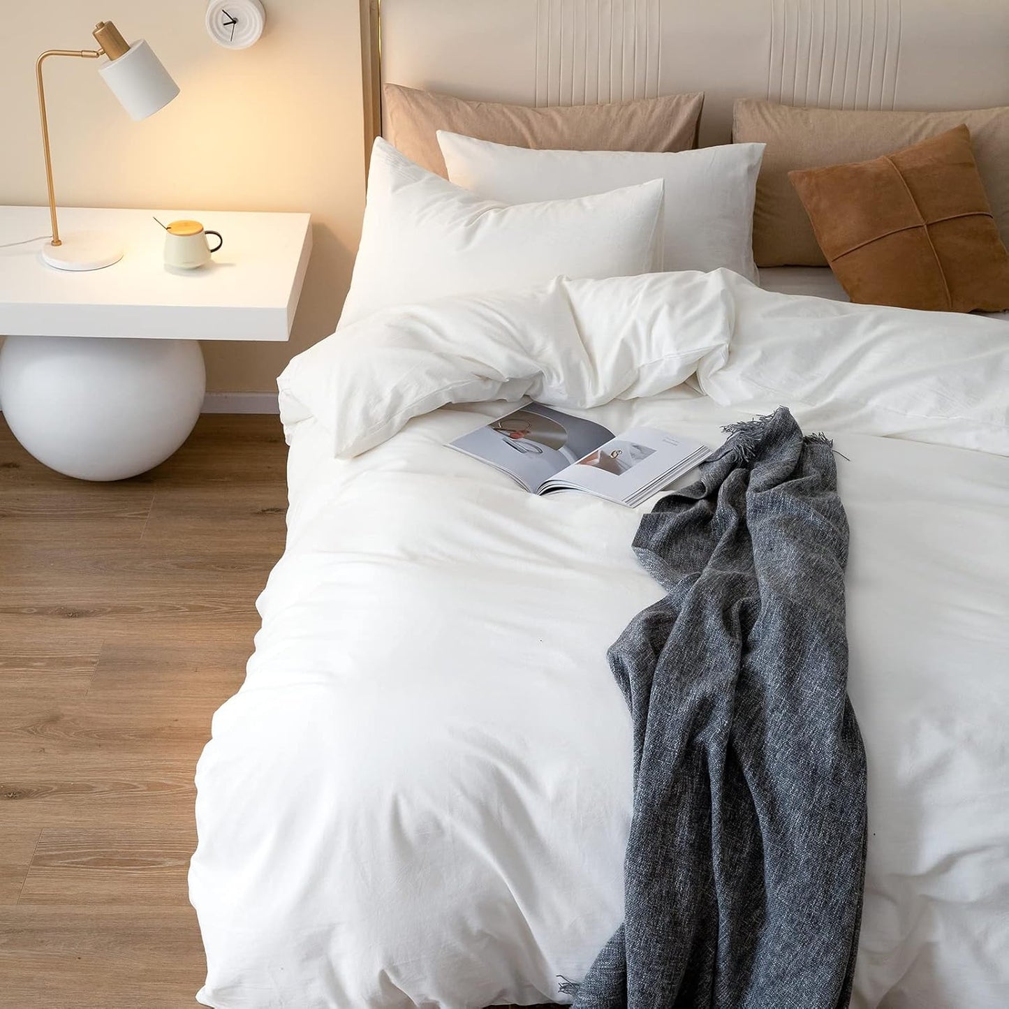 JIYUAN 100% Washed Cotton Duvet Cover Set 3 Pieces Oversized Queen, 1 Duvet Cover 98x98 Inches(Comforter Not Included) and 2 Pillowcases,Linen Feel Bedding Set Comfy and Breathable,Off White