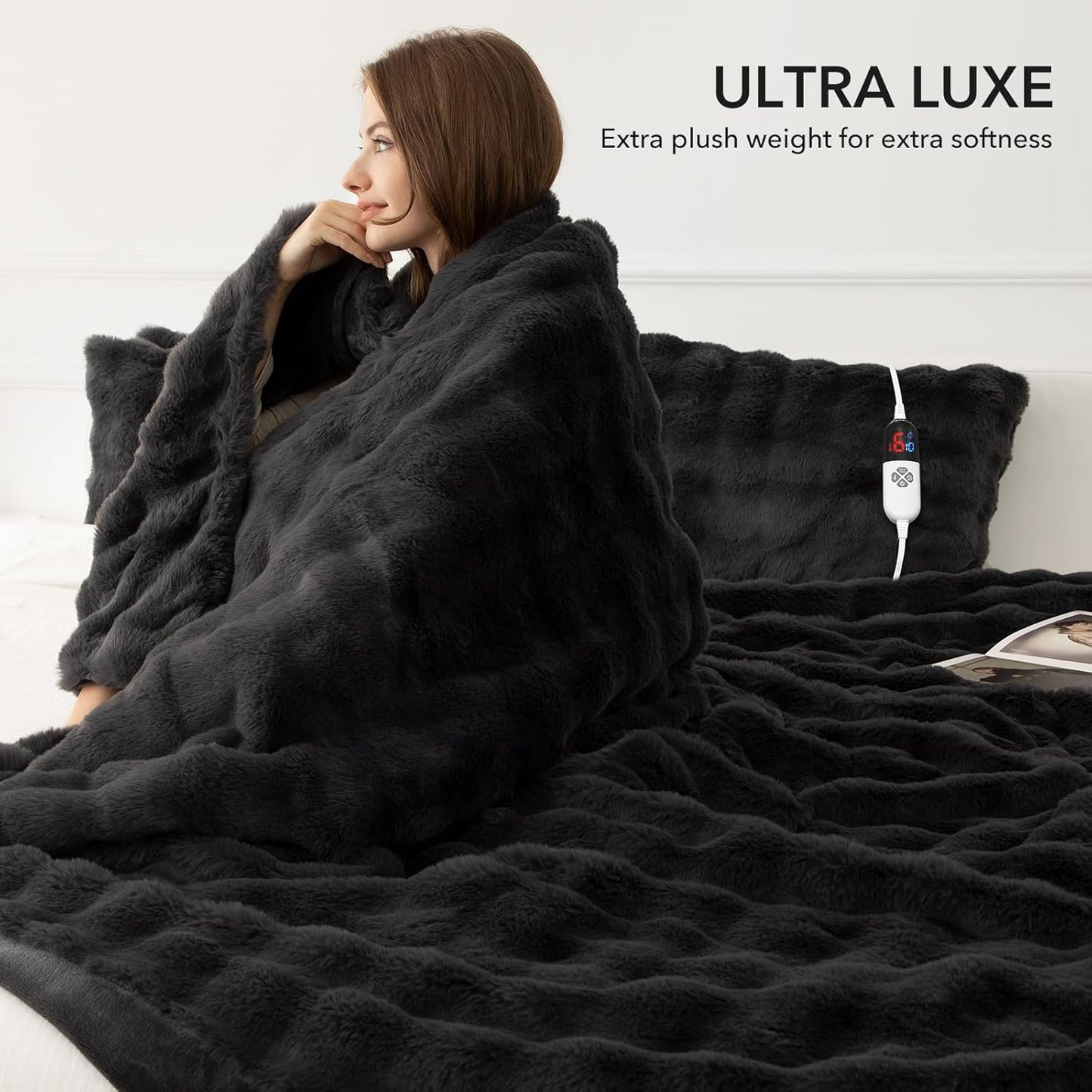 Faux Rabbit Fur Bubble Full Size Heated Blanket Dark Grey - Fuzzy Soft Plush Electric Blanket Full with 6 Heating Levels & 10 Timer Settings, Home Decor Gifts, ETL Certified (72" x 84")