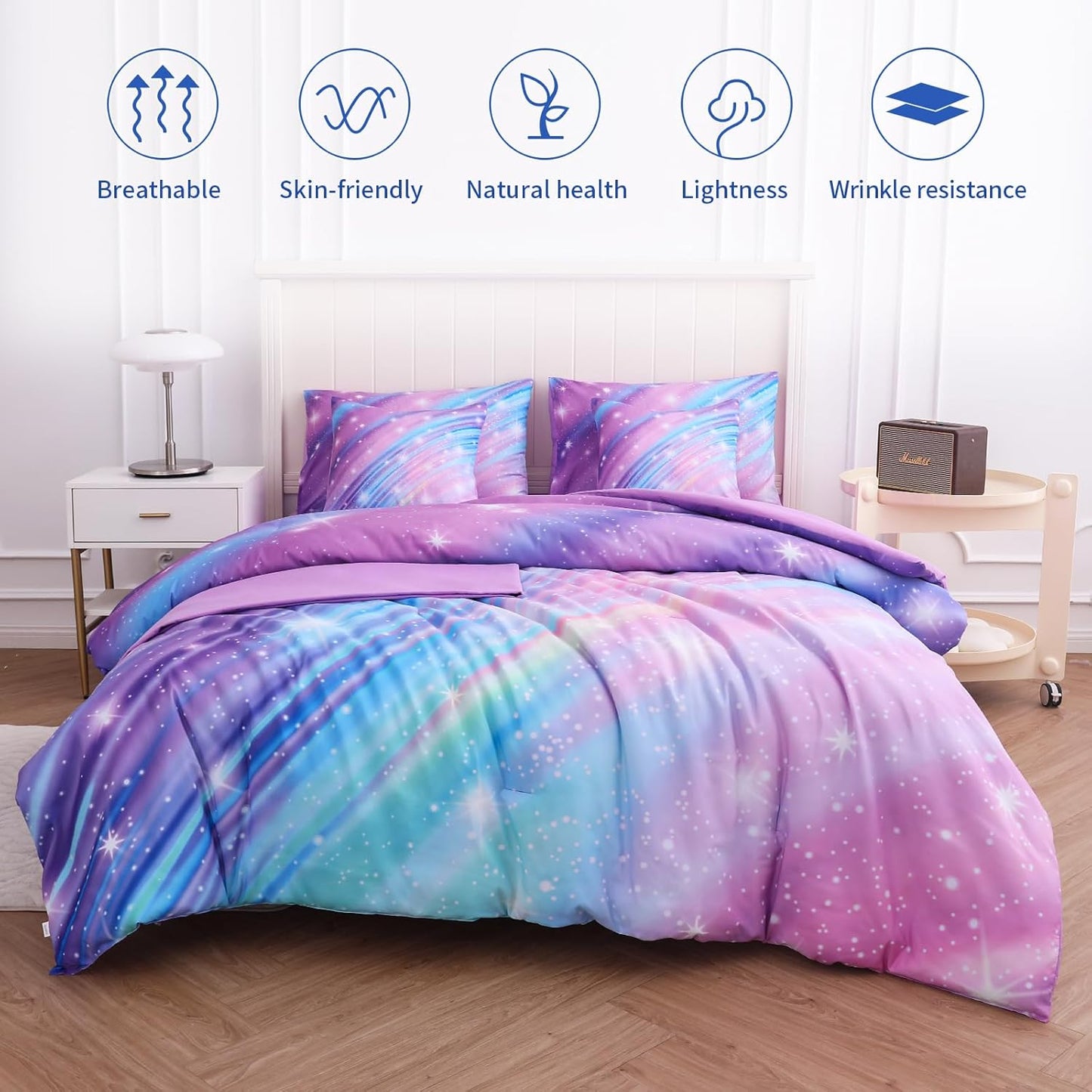 Rainbow Bedding Set Full Size – 7 Piece Reversible Girls Comforter with Deep-Pocket Sheet, Gradient Galaxy Design, Whole-Piece Filling, Machine Washable Bed-in-a-Bag for Kids Room Makeover & Gifts
