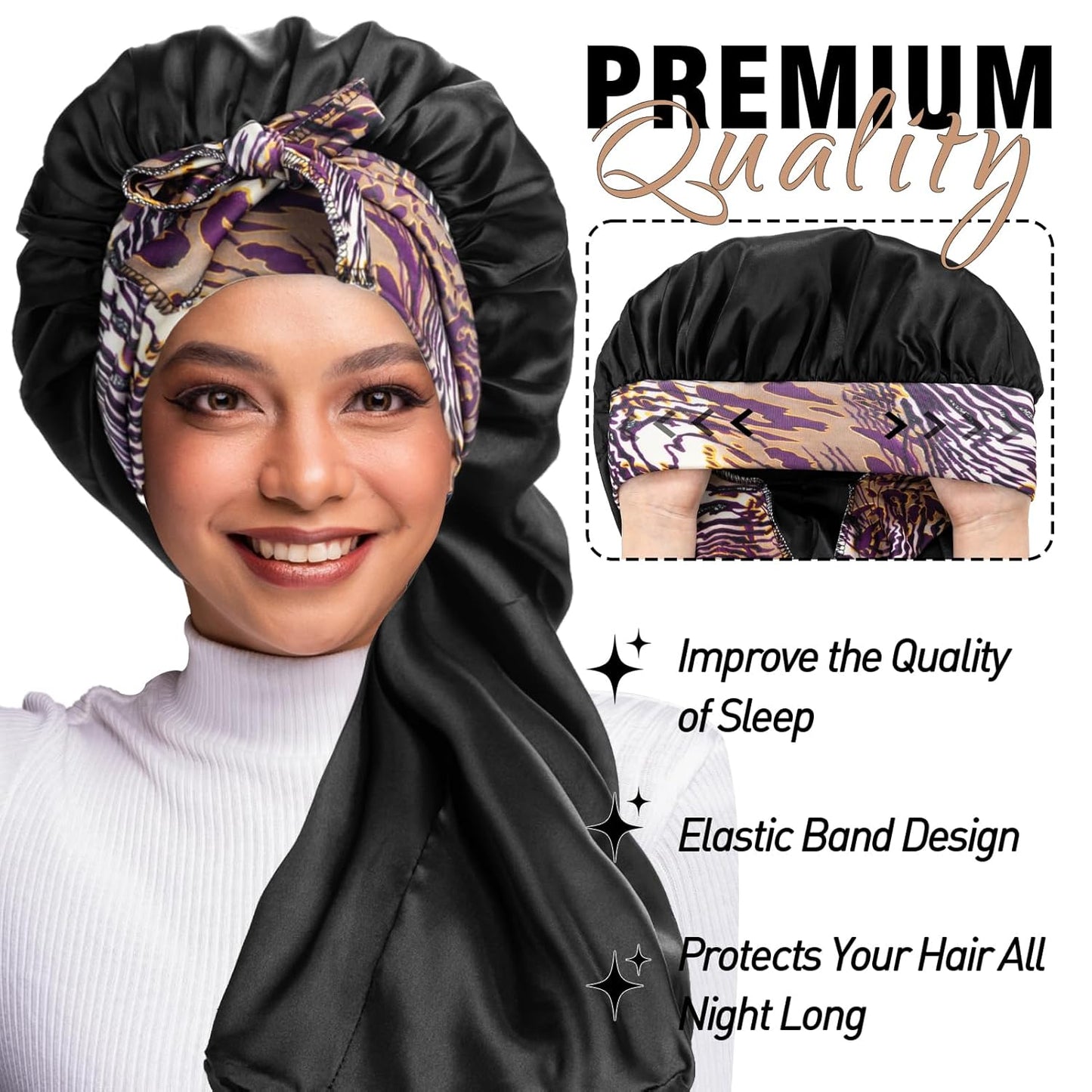 2Pcs Bonnets for Black Women Braid Bonnet, Large Long Satin Silk Bonnet for Braids,Black Women Braid Bonnet with Stretchy Tie Band for Sleeping Extra Long (Pink &Black Dark Pattern