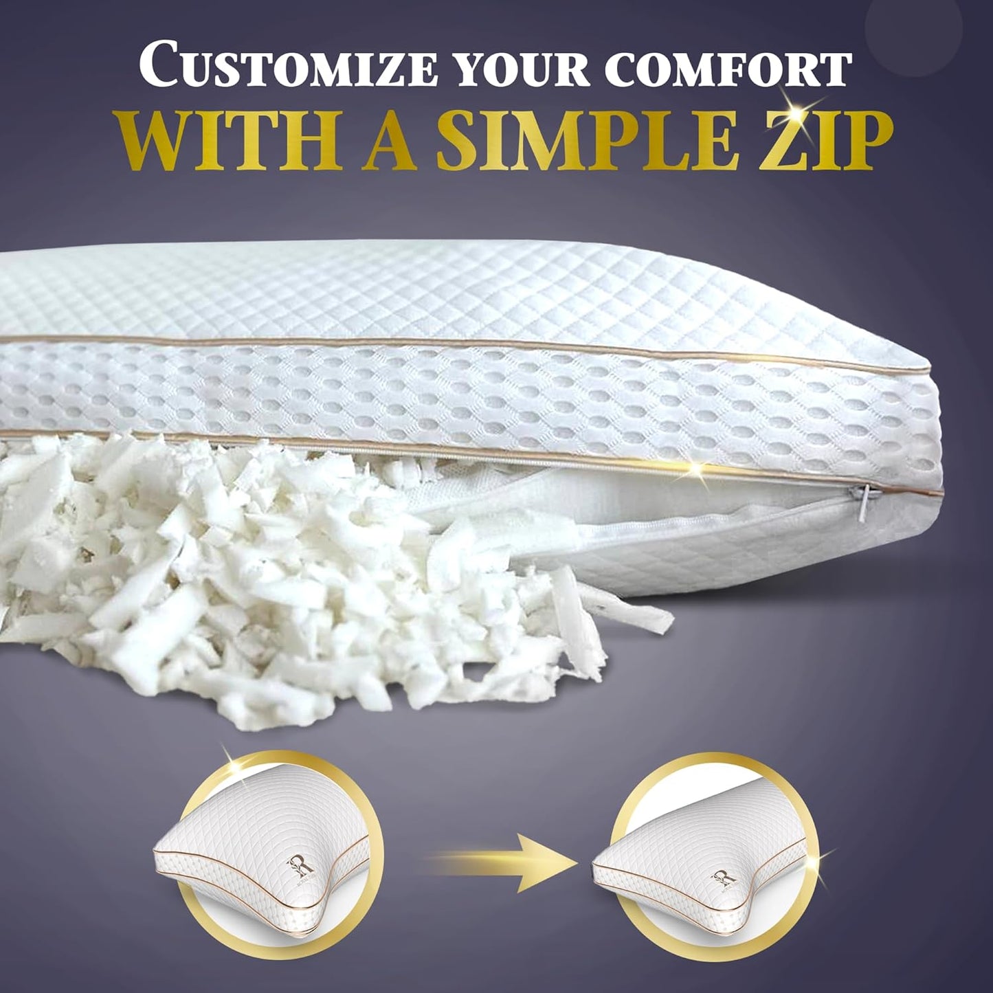Royal Therapy Adjustable Shredded Memory Foam Pillows – 2-Pack Queen Size Set with Cooling Firm Cover for Side Sleepers