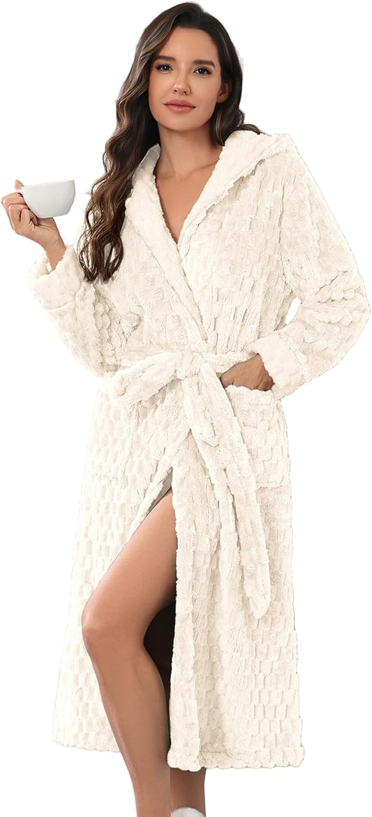 Ekouaer Womens Plush Robes Long Soft Jacquard Fluffy Bathrobe Hooded Robe Sleepwear with Pockets