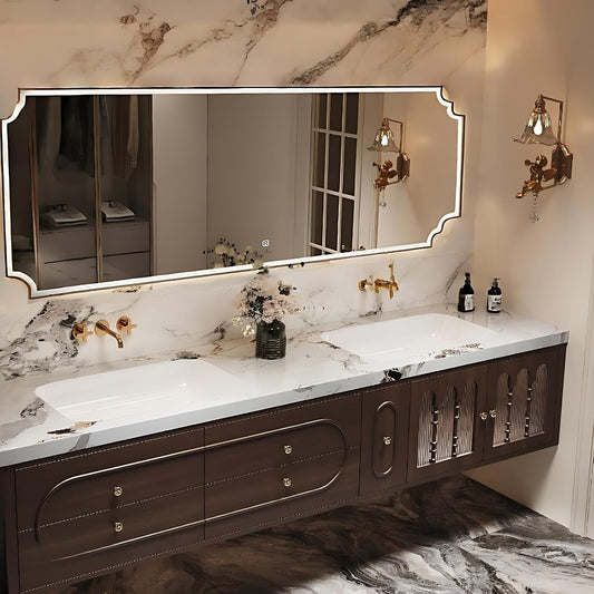 Bathroom Vanity with Sink - Luxurious Bathroom Sink Cabinet, Floating Vanity with Smart Defog Mirror and Solid Wood Multifunctional Cabinet, Complete Accessories (Brown, 68")