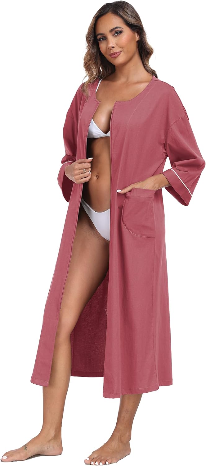 ANLIQI Women's 100% Cotton Robes Long Zipper Front House coats 3/4 Sleeve Bathrobes Lightweight Full Length Robe with Pockets