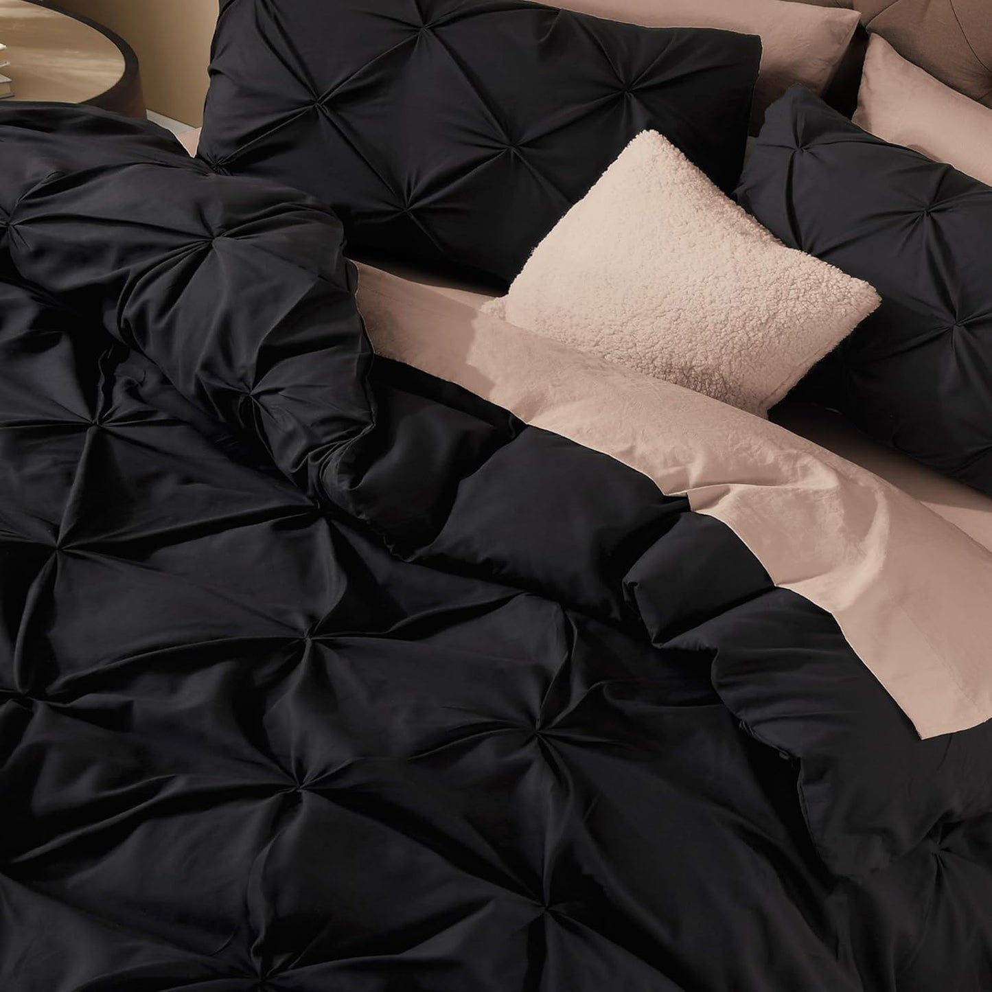 Litanika Black Oversized King Pinch Pleat Duvet Cover, 3 Pieces Pintuck Cover Soft Microfiber Bedding Set with Zipper Closure & Corner Ties(1 Duvet Cover, 2 Pillowcases)