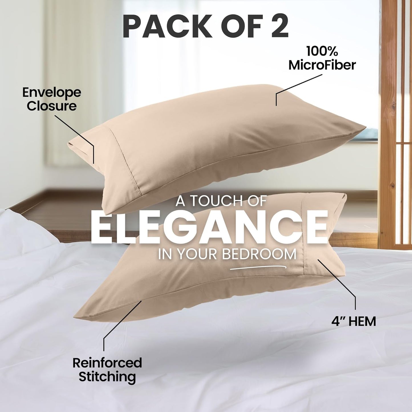 Pillow Covers by Utopia Bedding - Queen Size 2-Pack – Soft Brushed Microfiber – Perfect for Hospitals, Hotels, Guest Rooms – Oeko-TEX Certified, 20x30 Inches (Beige)