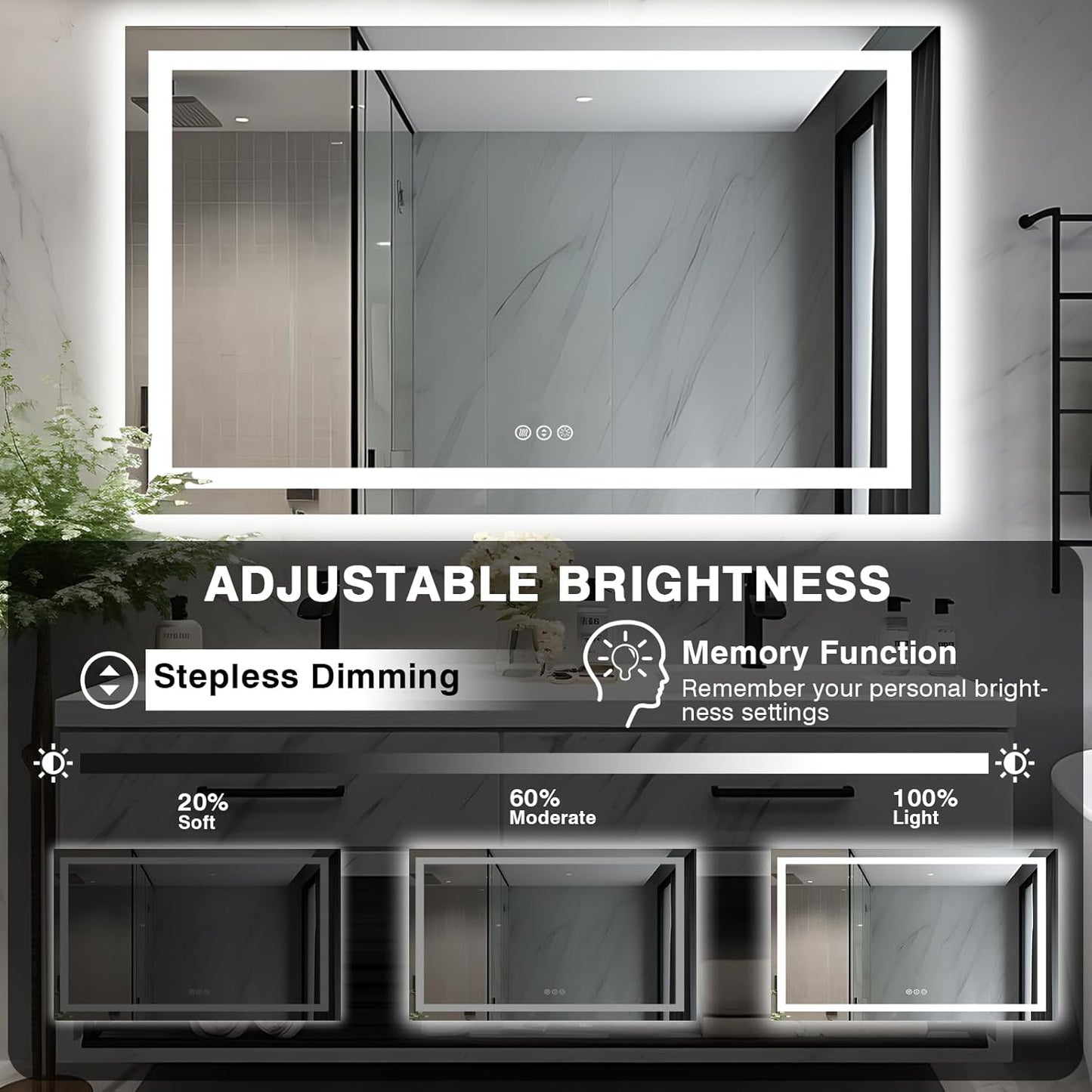 50"x32" LED Lit Bathroom Mirror, Front and Backlit LED Mirror, Anti-Fog Bathroom Mirror with Lights, 3 Colors Stepless Dimmable Mirror, Touch Sense (Horizontal/Vertical)