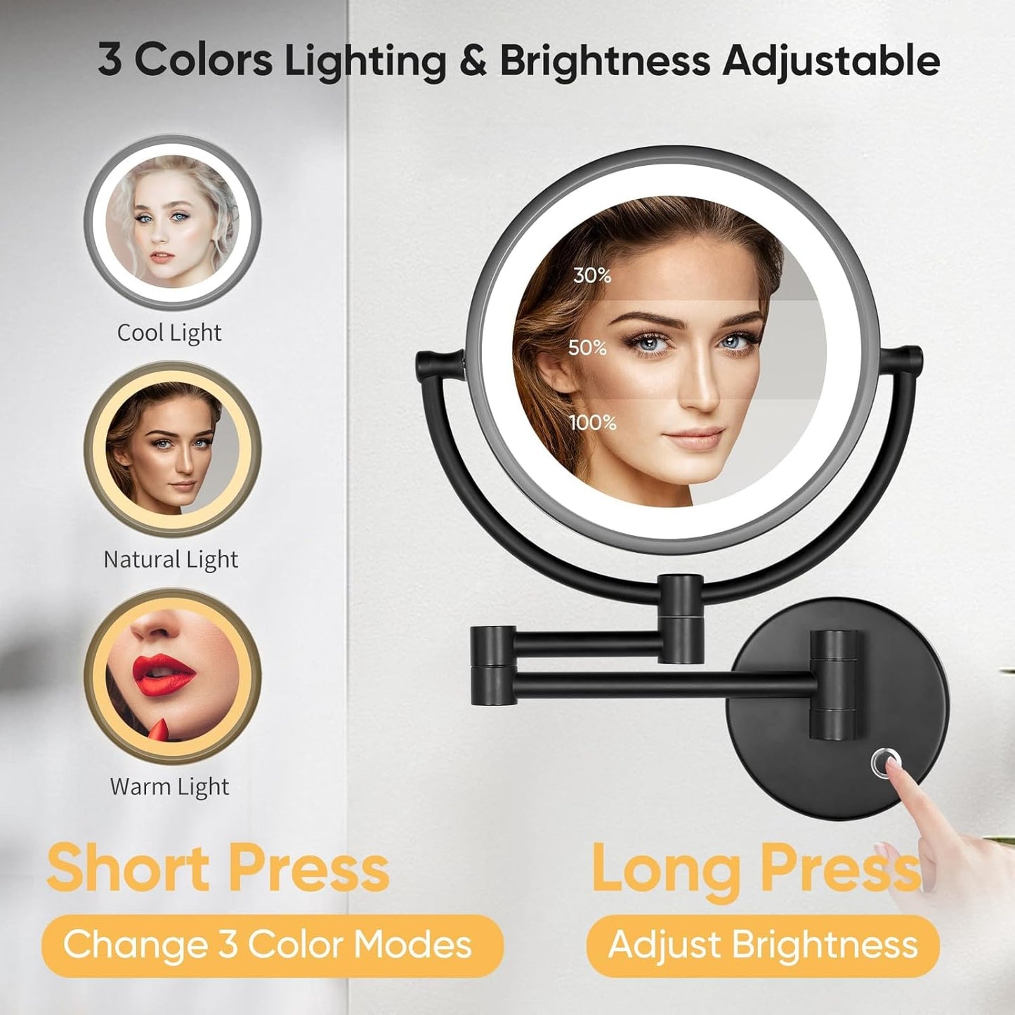 GURUN Wall Mounted Hardwired Makeup Mirror with 3 Tones LED Lights 10x Magnifying Mirror for Bathroom Bedroom 13" Extendable Arm Direct Wire Black Finish M1809DB(10x,Black)