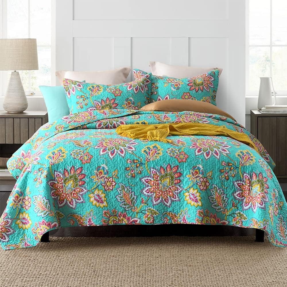 Cotton Bedspread Bedding Coverlet Quilt Sets, Reversible Vintage Branch Floral Bedspread comforters, (Vintage Turquoise Paisley Floral Pattern, Queen Size)