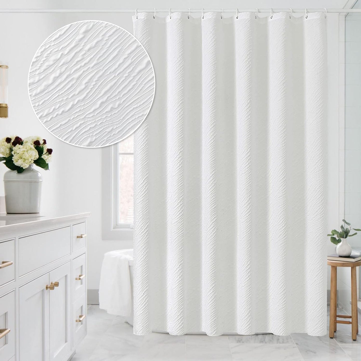MitoVilla White Fabric Shower Curtain 72 x 78, Farmhouse Long Modern Geometric Cloth Shower Curtain for Bathroom Decor, Luxury Marble Textured, 78 inch Long