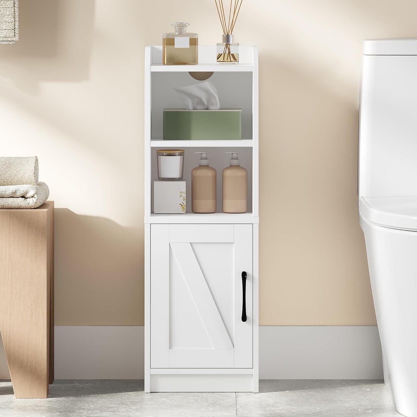 Bathroom Storage Cabinet, Small Farmhouse Corner Floor Cabinet with Door and Shelves, Narrow Toilet Paper Holder Stand, Bathroom Organizer with Adjustable Shelf, for Small Spaces, White