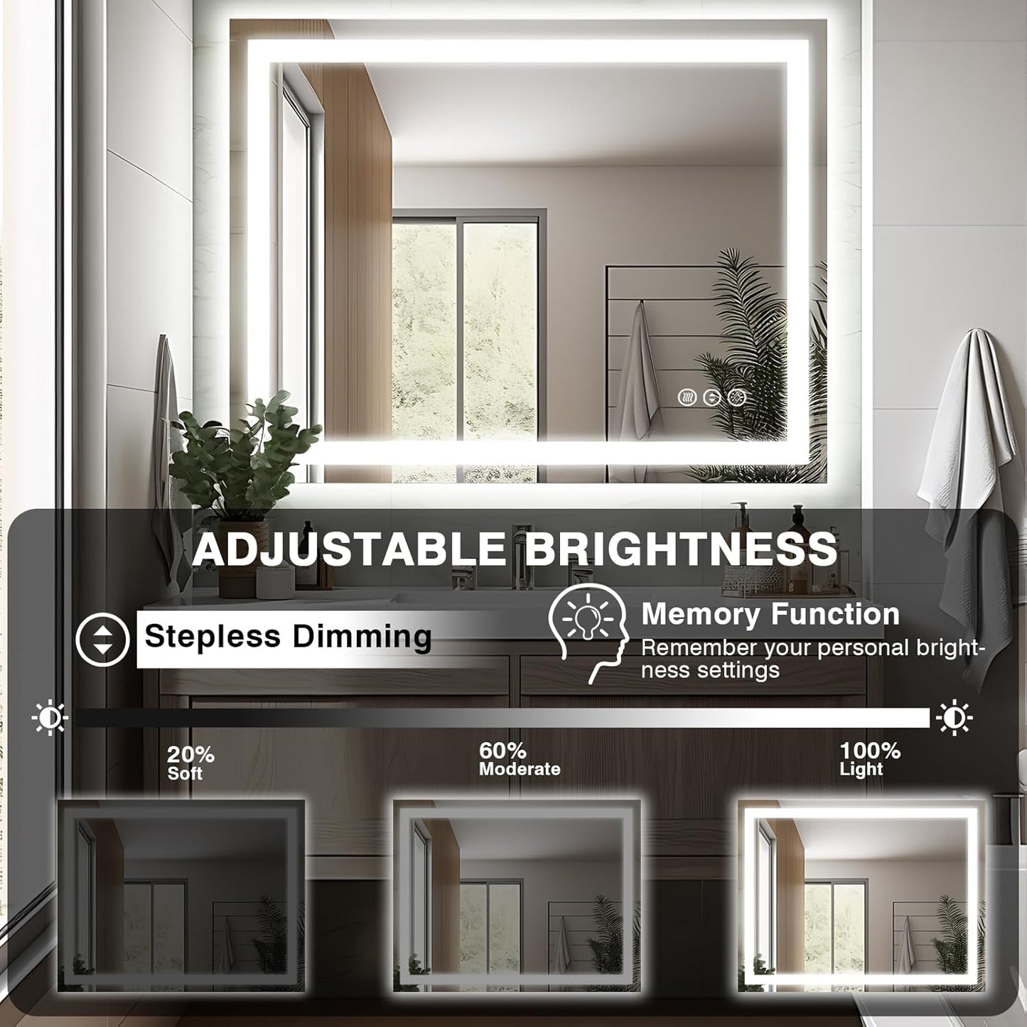 40"x32" LED Bathroom Mirror for Wall, Front and Backlit, Anti-Fog Vanity With Lights, Stepless Dimmable, 3 Colors Smart (Horizontal/Vertical)