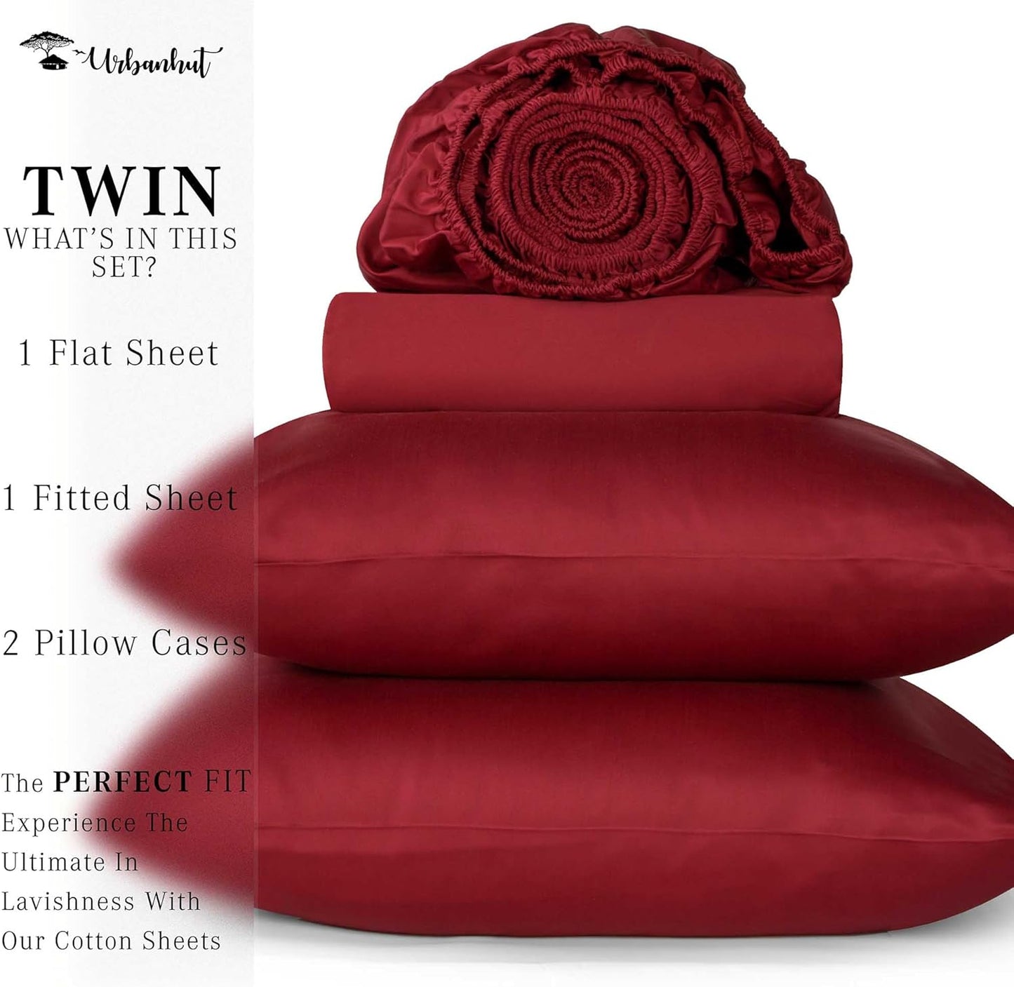 URBANHUT 700 Thread Count Egyptian Cotton Twin Sheets, 4Pc Sheet Set Soft Luxury Bed Sheets for Twin Size Bed, Sateen Weave Hotel Sheets, 14'' Elasticized Deep Pocket - Burgundy