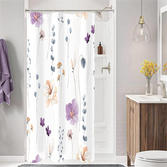 Gibelle Small Stall Shower Curtain 36 x 72, Narrow Half Watercolor Floral Fabric Shower Curtain, Purple Beige Flower Decorative Bathroom Shower Curtain Set with Hooks