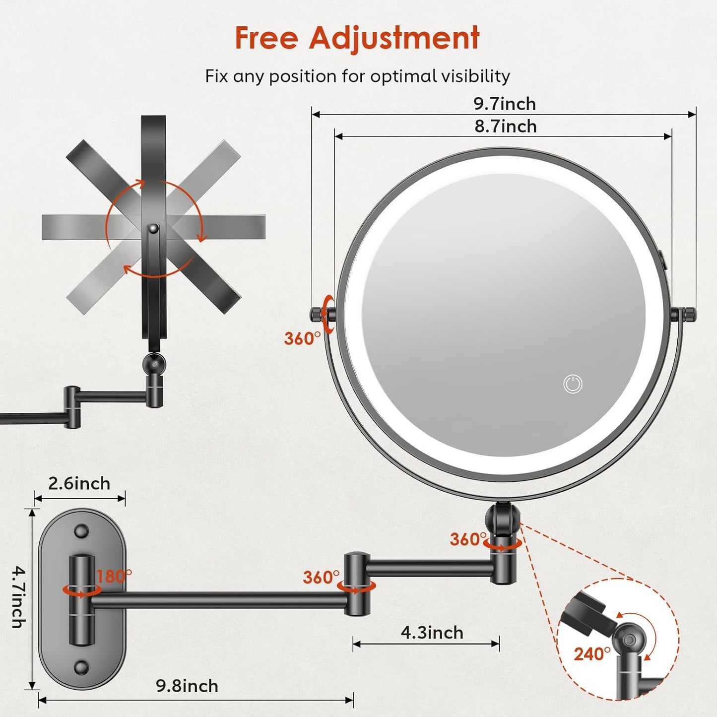 9" Wall Mounted Lighted Makeup Mirror,4000mAh Rechargeable Double Sided 1X/30X Magnifying Mirror with Light,Touch Dimmable,Extended Arm 360 Rotation Wall Mounted Makeup Mirror 3 Color Lights