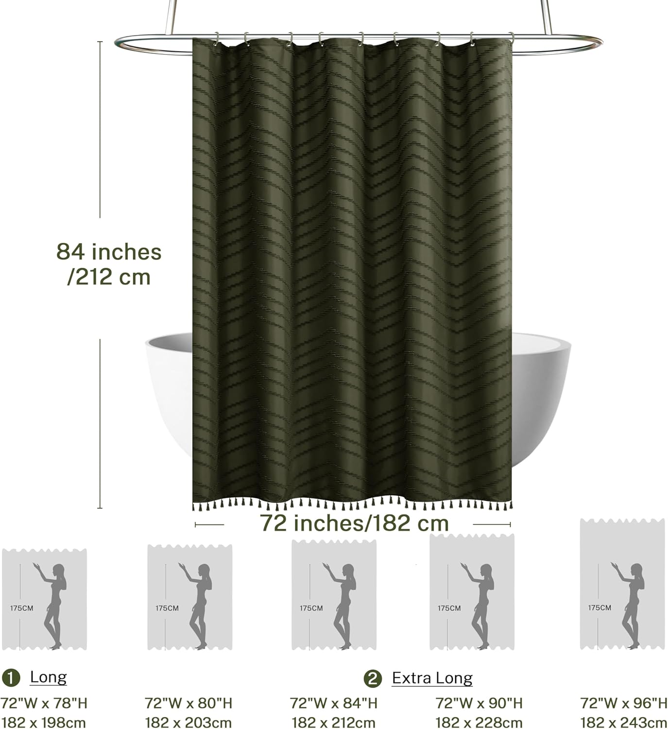 Extra Long Olive Green Boho Shower Curtain with Tassel, Woven Fabric 84 in Shower Curtain, Tufted Chevron Striped, 72 x 84, Modern Chic Textured Minimalist Bathroom Shower