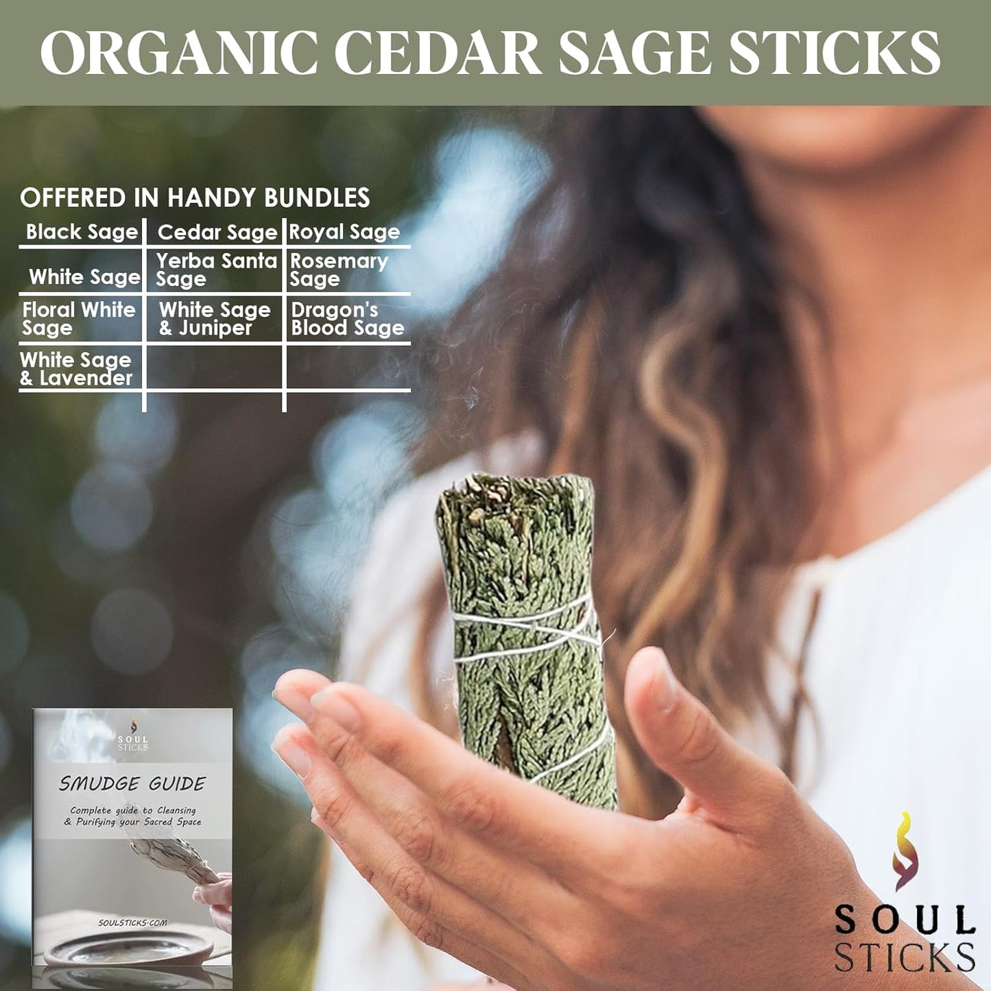 Soul Sticks Organic Cedar Sage Smudge Stick 1 Pack - 9 Inch | Floral Sage House Blessing | Cleansing House & Negative Energy