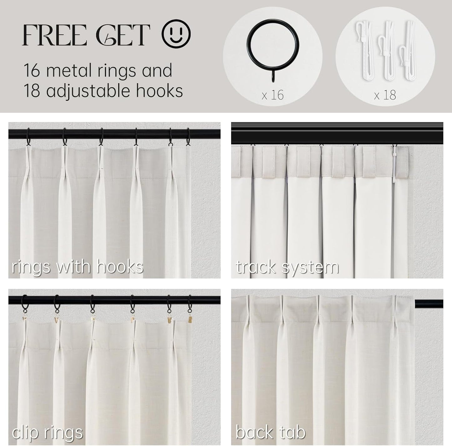 Topfinel Pinch Pleated Curtains 96 Inch Long, 100% Blackout Thermal Insulated Natural Linen Pinch Pleat Viral Drapes with Hooks Rings 2 Panel Sets, Neutral Birch Ivory 8FT Back Tab Window Curtains