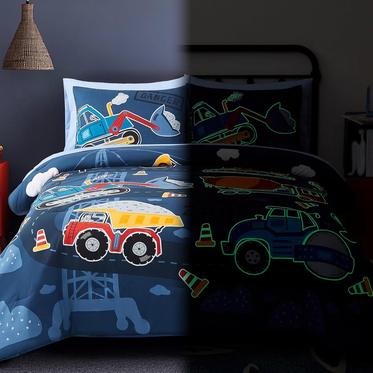 Full Size Comforter Set for Boys-7 Pieces Truck Tractor Excavator Glow in The Dark Full Bedding Sets for Kids, Ultra Soft Bed in A Bag with Sheets