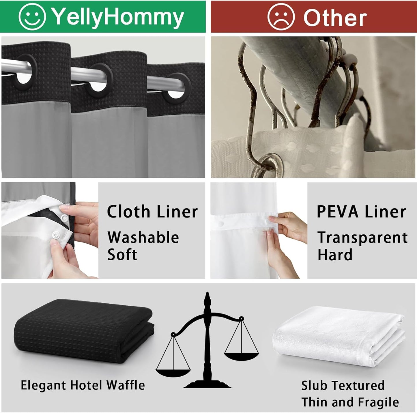 YellyHommy No Hook Shower Curtain with Snap in Liner Set Less Time Black Waffle Shower Curtain for Bathroom 87" L x 72" W
