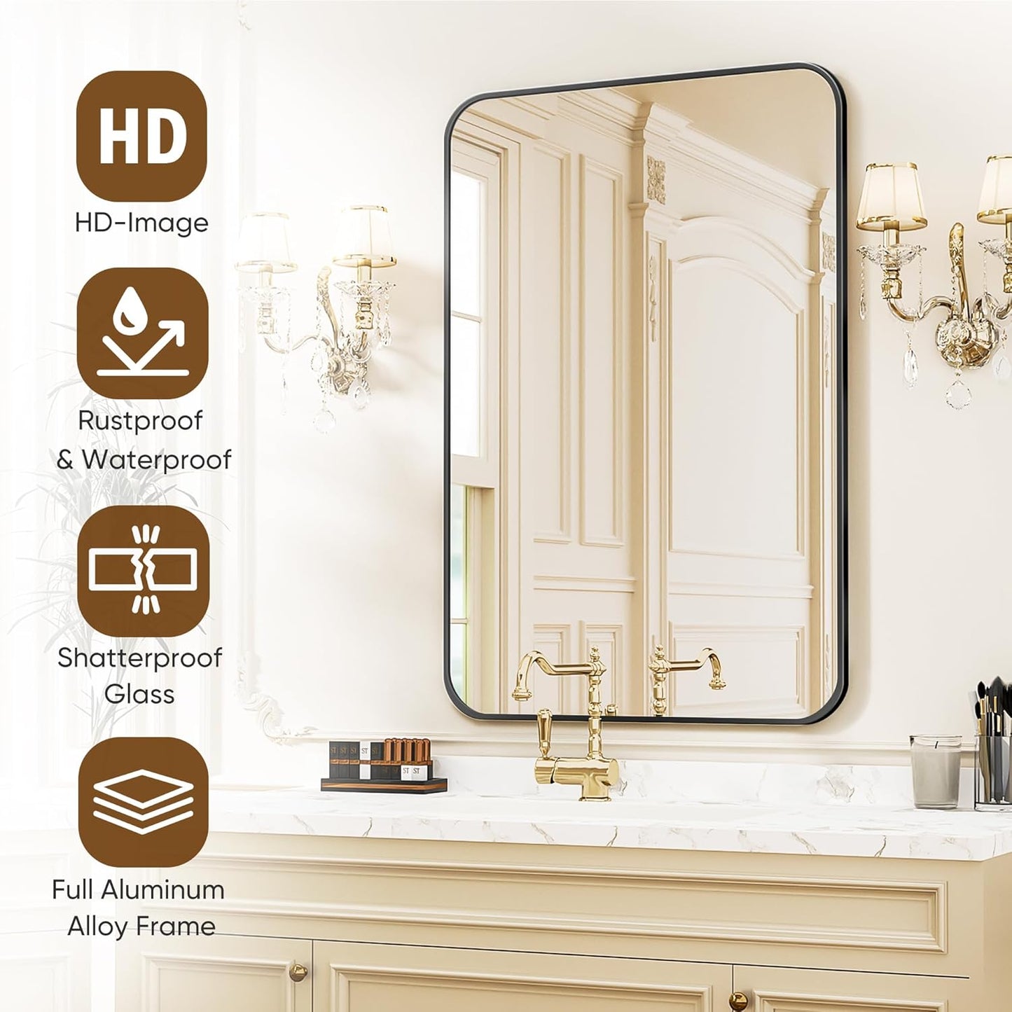 Antok Bathroom Mirror, 36"x24" Wall Mirror, Decorative Mirrors Vanity Mirror Aluminum Alloy Frame Contemporary Rectangular Hanging Mirror for Living Room Bathroom Entryway,Black,Round Corner