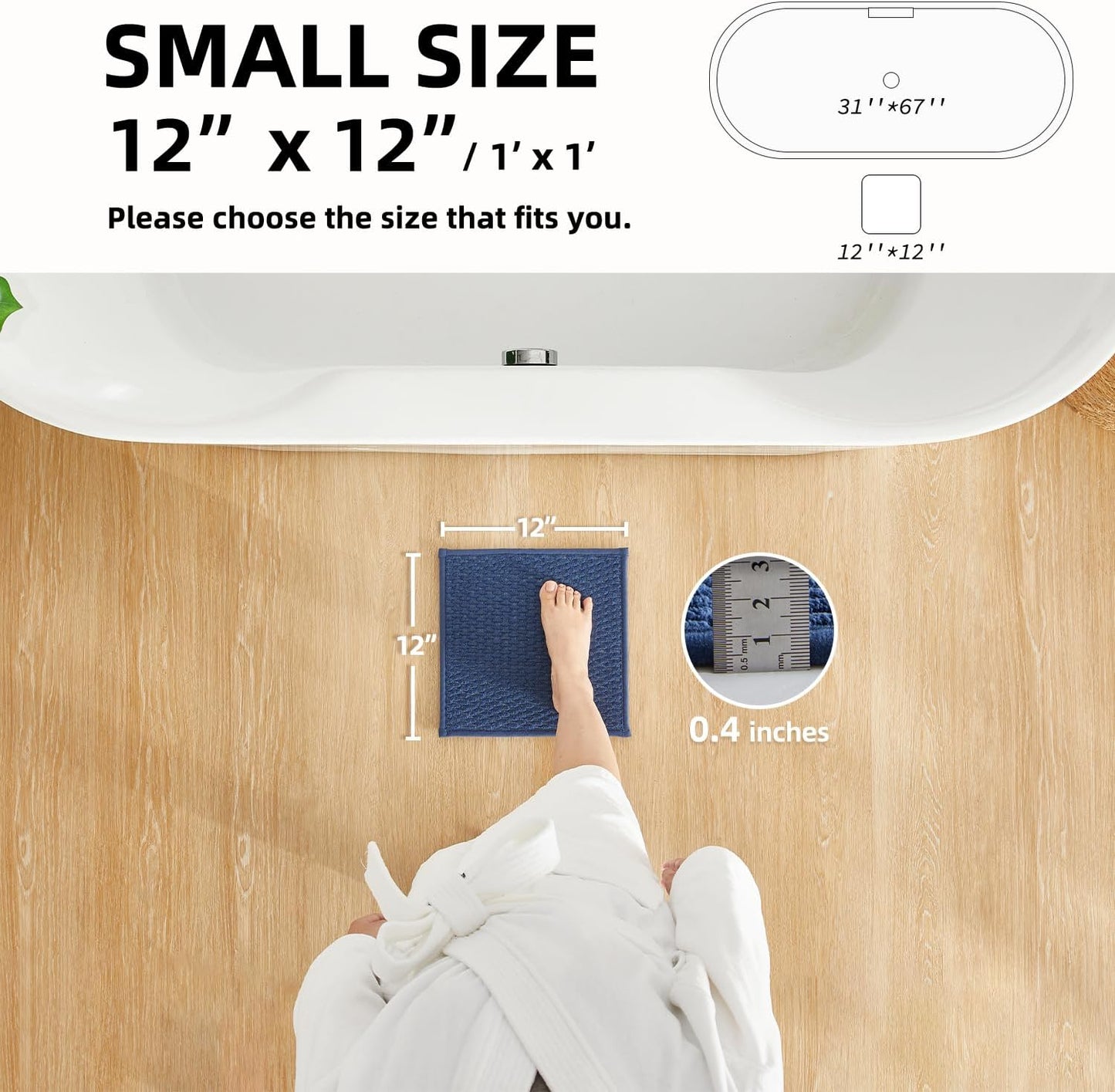 Small Bathroom Rugs Non Slip Washable Bath Rugs Super Absorbent Bathroom Rug Thin Quick Dry Low Pile Bath Mats, Navy Blue 12"x12"
