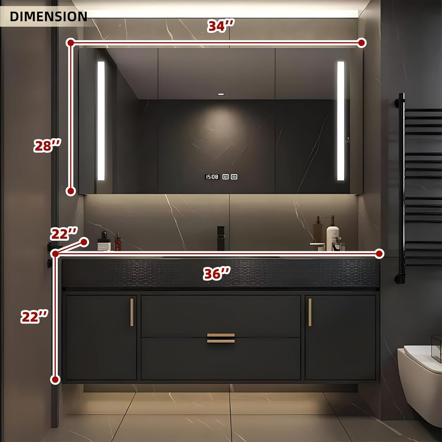 Bathroom Vanity, Floating Bathroom Vanity with Single Sink, Solid Wood Bathroom Vanities Includes LED Smart Defogging Mirror Cabinet & One-Piece Sink, Modern Vanities with 2 Drawer Storage (Black,36")