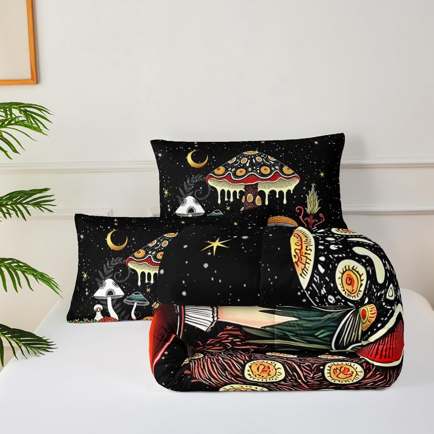 Mushroom Comforter Queen Bed Set，Queen Size Mushroom Bedding Set，with 1 Comforter with 2 Pillow Case