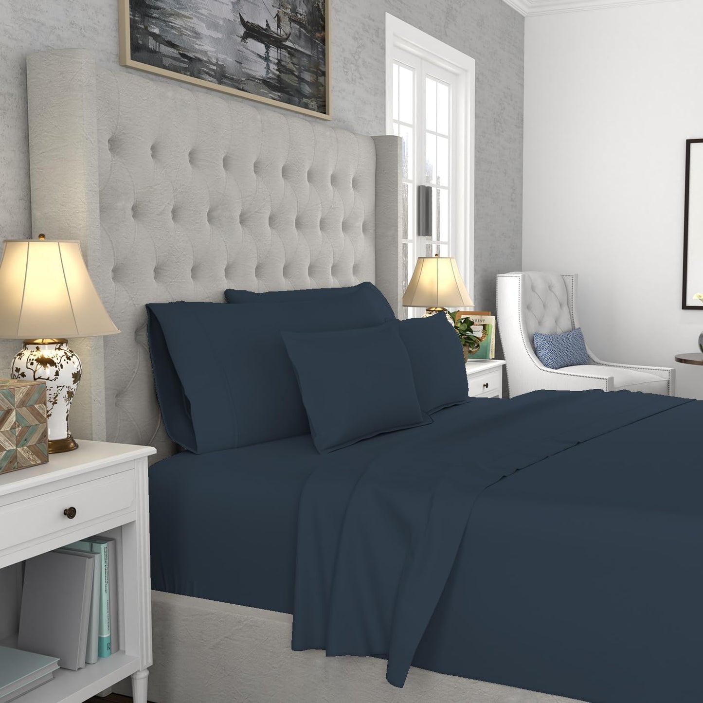 SUPREME ELEGANCE Hotel Luxury Cotton Blend Navy Sheet Set Queen Size, 1200 Thread Count Ultra Soft Sateen Sheet Set, Moisture Wicking & Wrinkle Resistant, Easy Care Fall Bedding Set