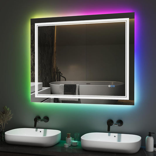 DeerValley LED Bathroom Mirror, 40" x 32" RGB Front and Backlit Wall Mounted Bathroom Vanity Mirror, Anti-Fog, 3 Colors Dimmable, Shatterproof, Tempered Glass, Memory Function (Horizontal/Vertical)