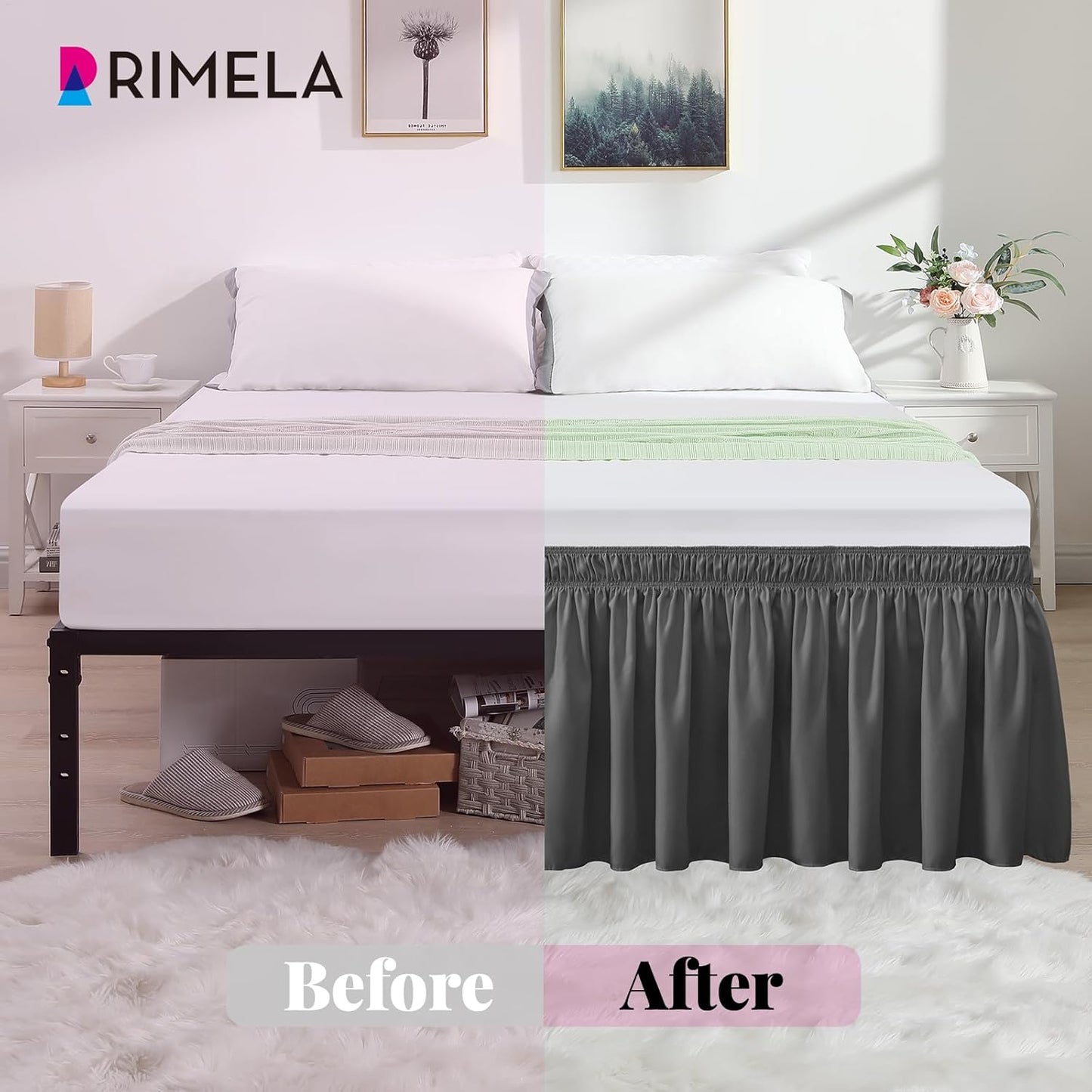 RIMELA Dark Grey Bed Skirt Queen Size 12 Inch Drop, Elastic Bed Skirting for Bed Base and Frame, Bedding Dust Ruffle Easy to Install, Lightweight Comforter Set with Wrap Around Adjustable Bedskirt