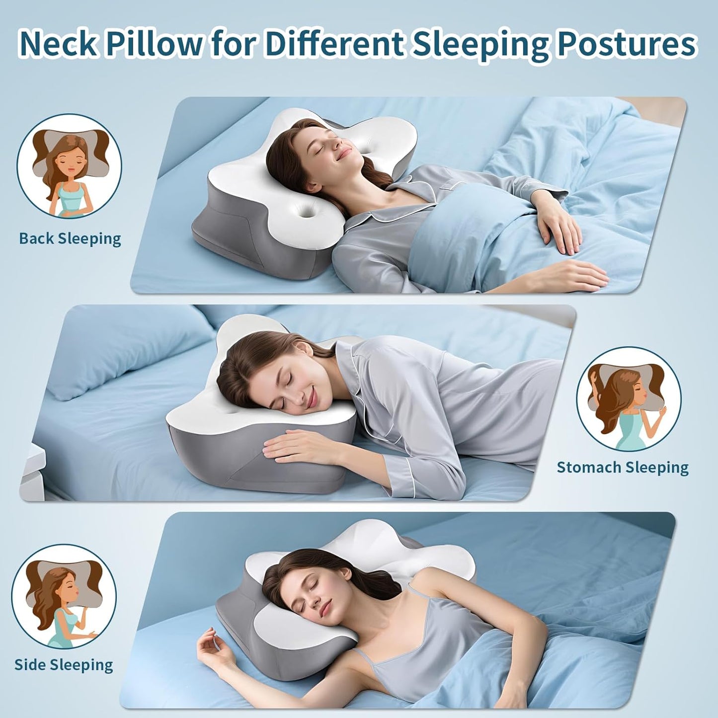 Cervical Neck Pillow for Pain Relief- Ergonomic Memory Foam Pillows for Sleeping, Dual Ear Relief Zone Contour Pillow, Neck Support Pillows for Side Back &Stomach Sleeper (White)